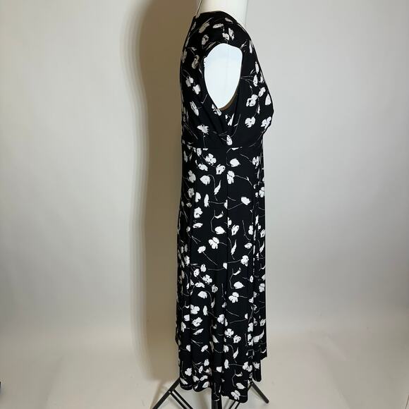 Anne Klein Black White Floral Cap Sleeve V-Neck Midi Dress Womens Size 6 Career - Picture 4 of 12